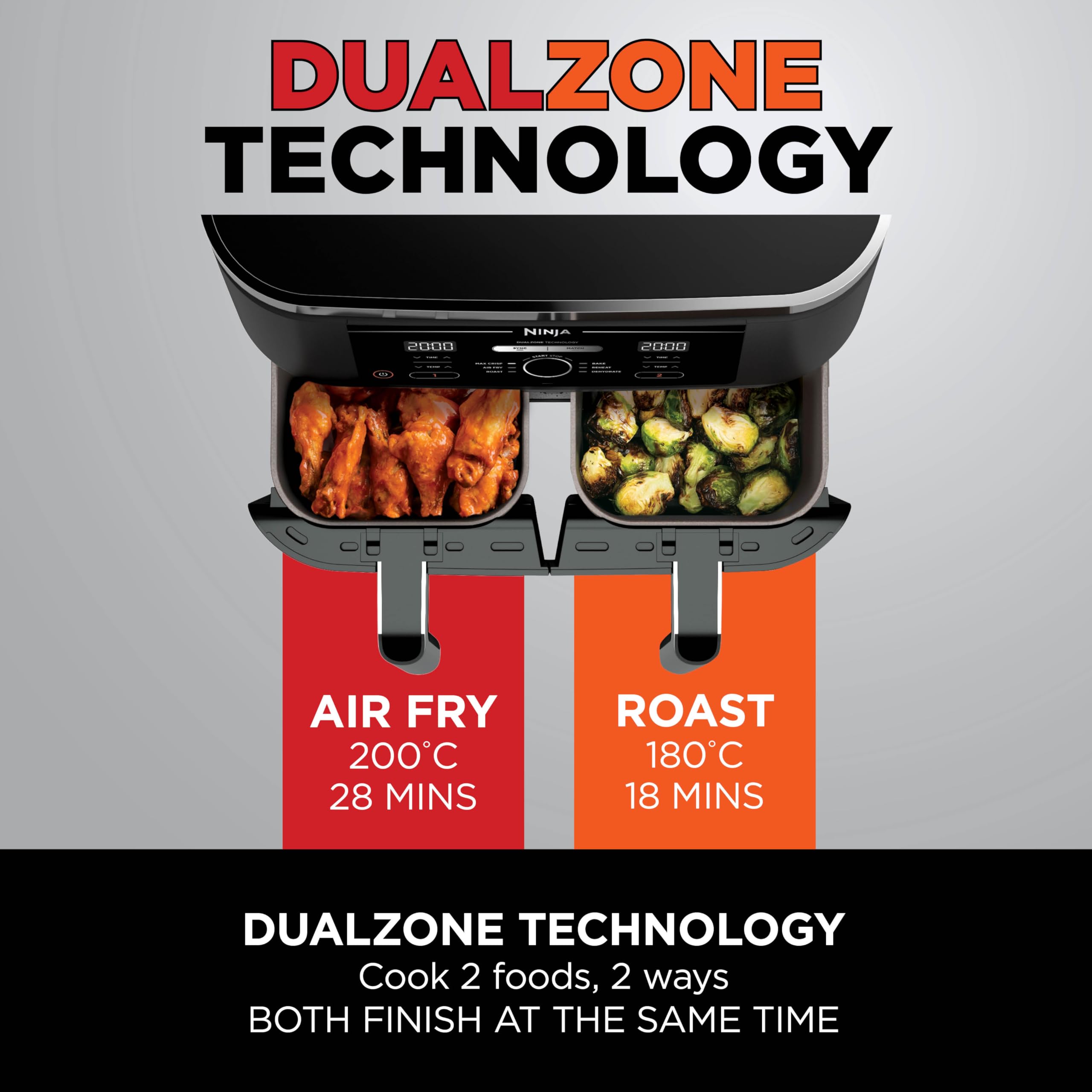 Ninja Foodi Dual Zone Digital Air Fryer, 2 Drawers, 7.6L, 4-in-1, Uses No Oil, Air Fry, Max Crisp, Roast, Reheat