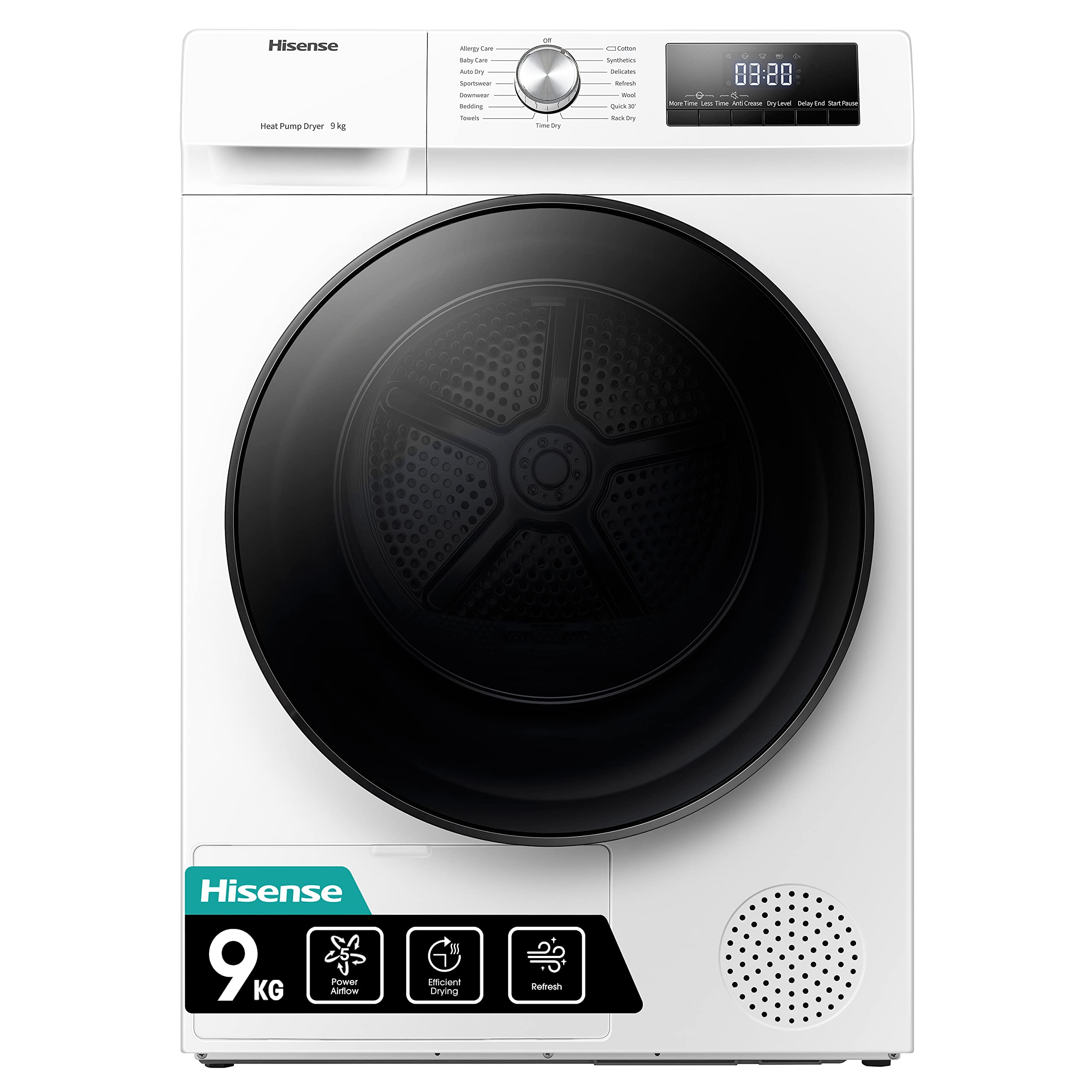 Freestanding Heat Pump Tumble Dryer – 9kg, Front Load, 15 Programs, Auto-Dry, Steam Refresh, Allergy Care, White (60cm)