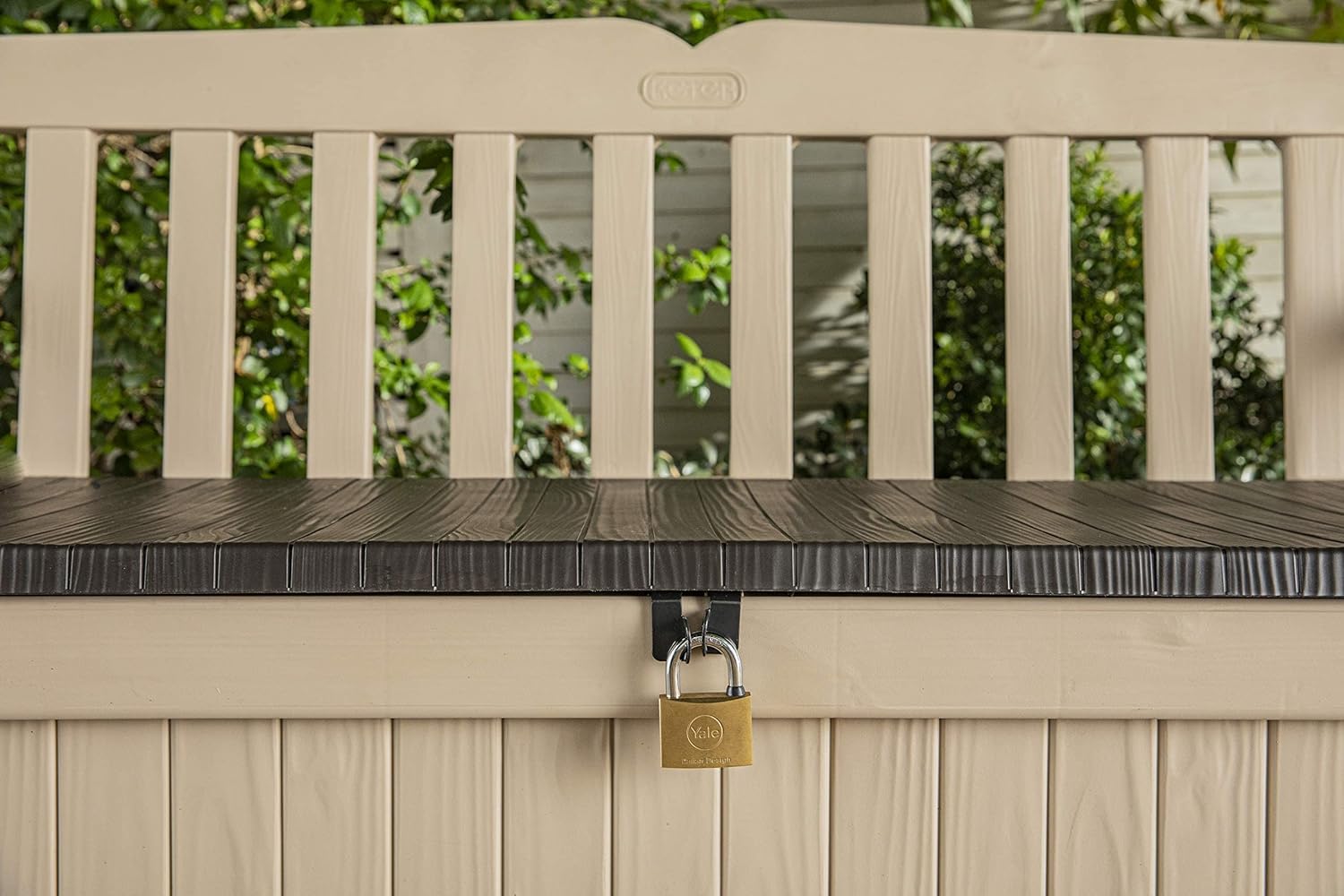 Keter Eden Bench 265L Outdoor 60% recycled Garden Furniture Storage Box Beige & Brown Wood Panel Effect